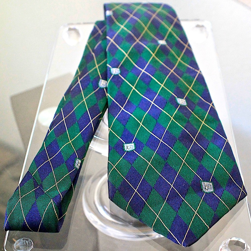 FACCONABLE MENS TIE GREEN NAVY ARGYLE VINTAGE 100% SILK MADE IN FRANCE